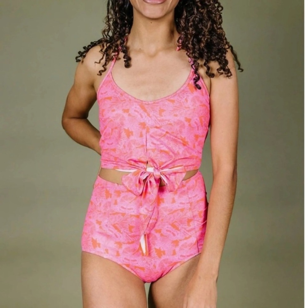 Kortni Jeane pink butterflies print tied-up swim top